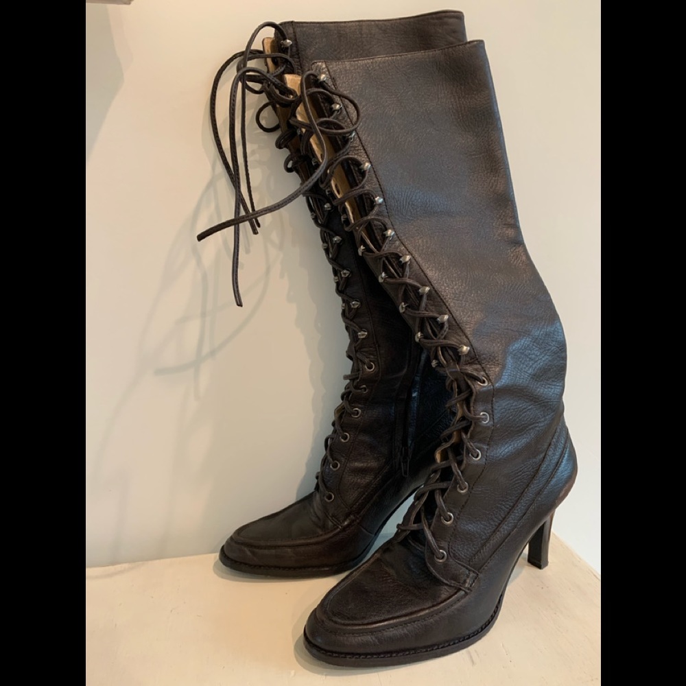 MICHAEL KORS chocolate knee hi boots with leather lace up front. 3.5” heels